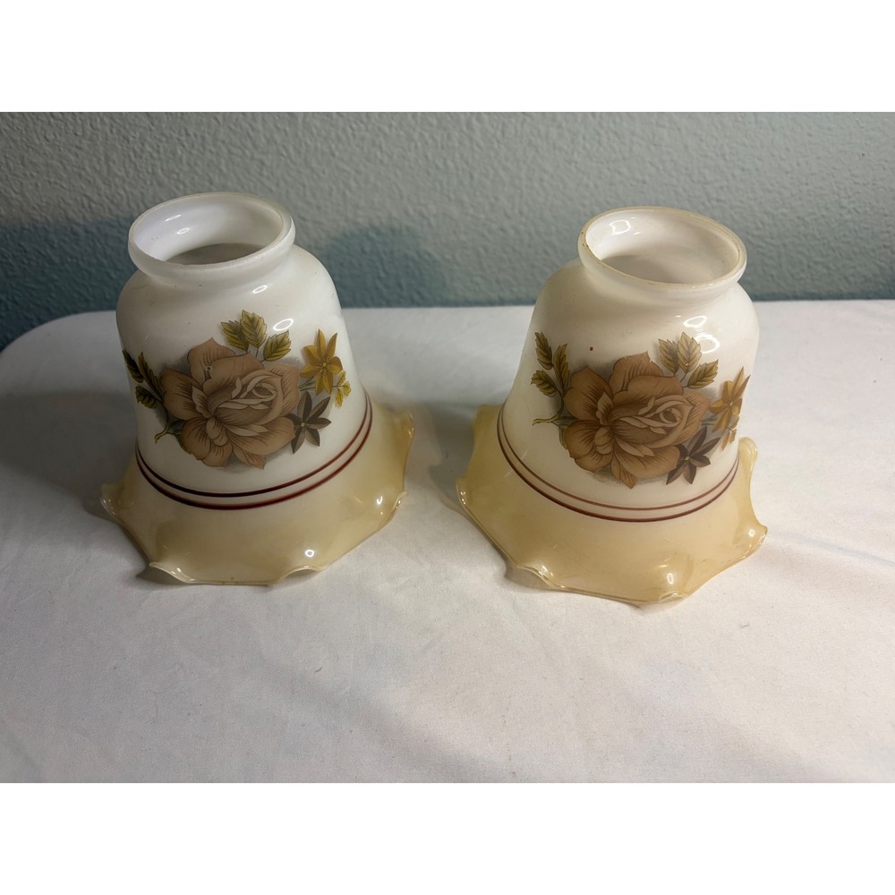 Vintage Milk Glass Floral Lamp Shades Pair Ruffled Amber Rose Hurricane 2.25in